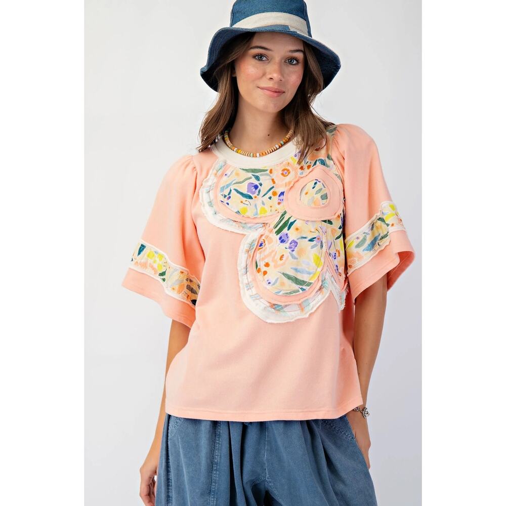 easel Peach Floral Appliqué Short Sleeve Blouse